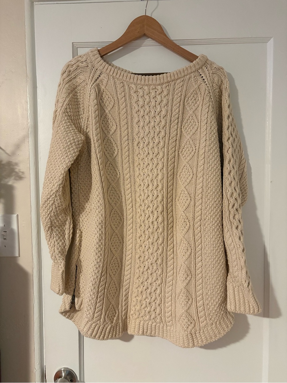 LL Bean Signature Cotton Fisherman Sweater Cable Knit Beige Cream Crewneck Large